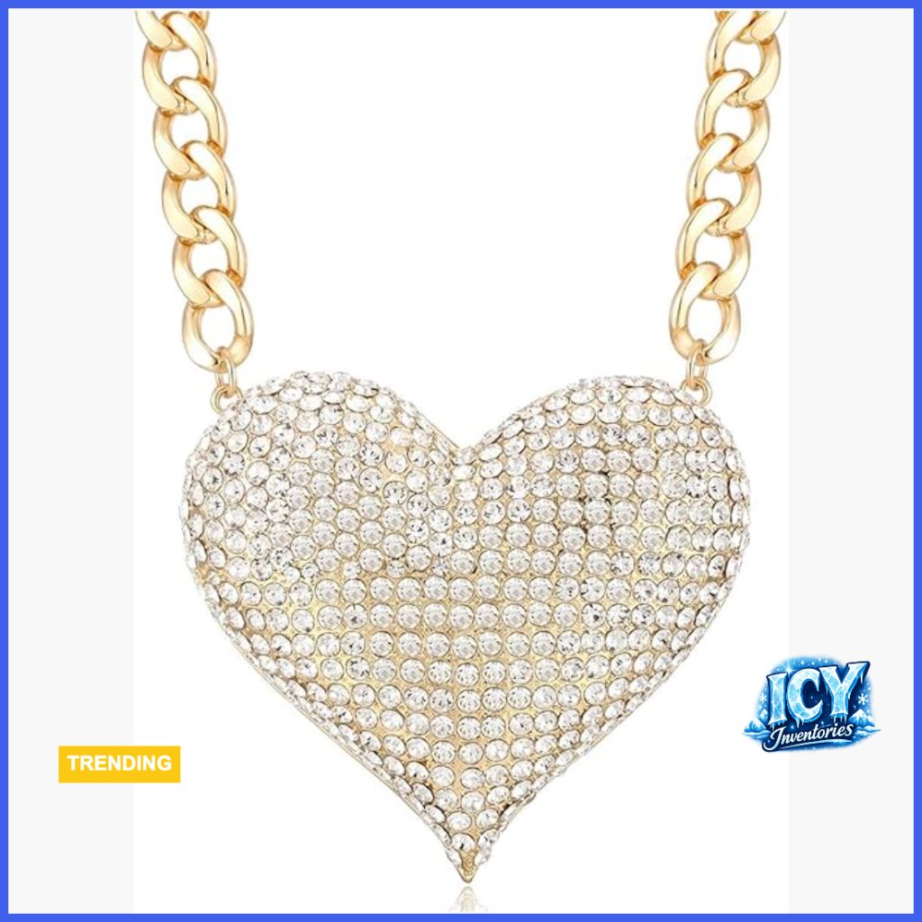 Chunky Chain Necklace With Sparkly Heart Rhinestone Pendant Punk Rock Style